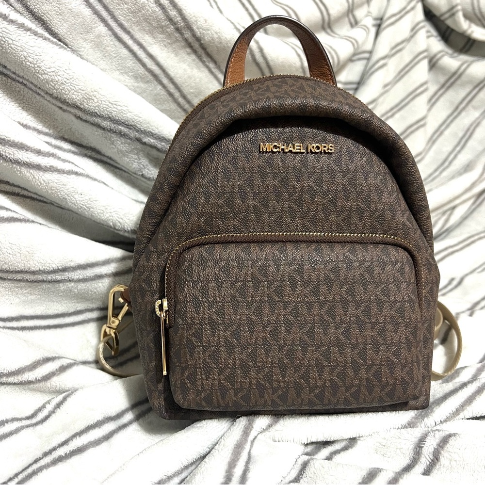 Michael Kors Monogram Small Mini Brown Leather Backpack Crossbody
